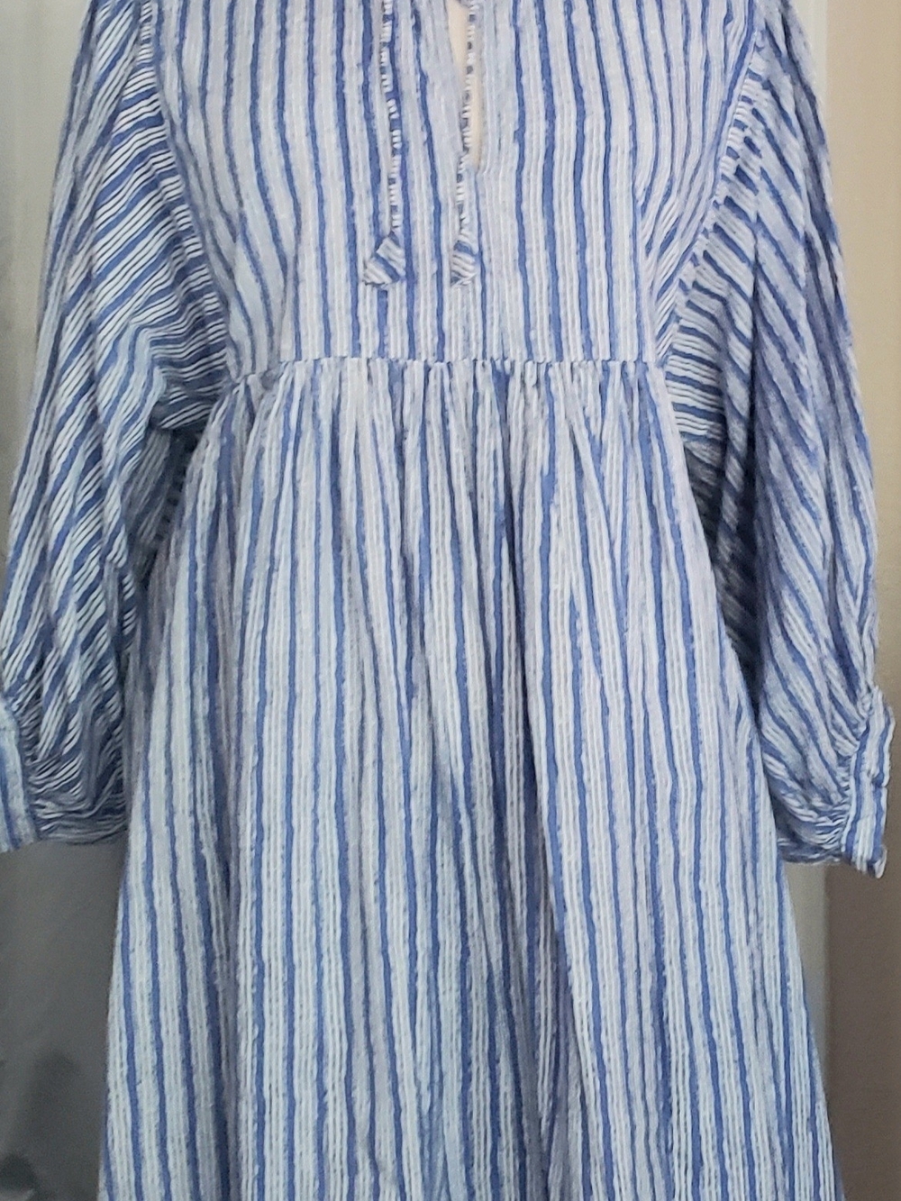 House of Sundar L Blue White Stripe Empire Dress Cotton India Peasant Boho